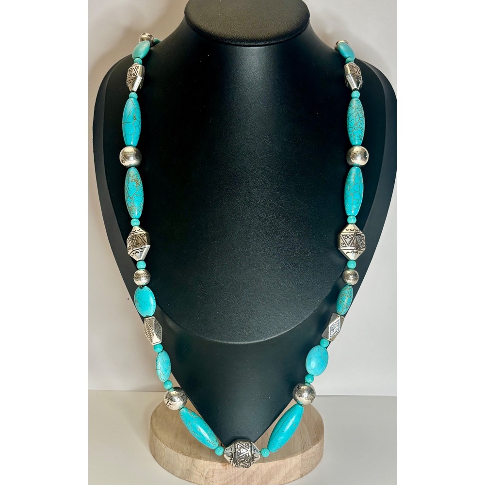Vintage Brighton Mojave Turquoise Silver Beaded Long Retired Necklace 36.5"